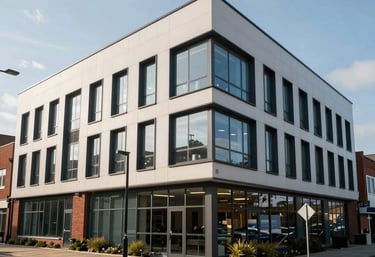 An exterior view of a modern professional building in Ilford, Essex, representing a strategic and reliable location for a financial firm.