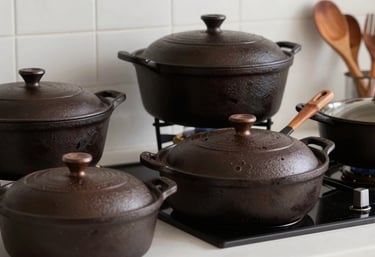 Close-up photography of premium cast iron cookware and wooden utensils in a modern South American / Brazilian kitchen with dark cocoa accents. Soft lighting, sophisticated feel.