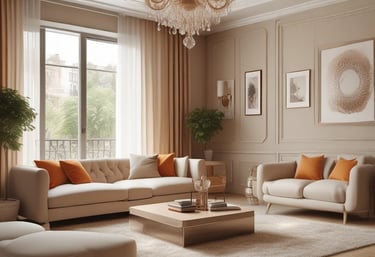 A cozy living room with warm wood accents, soft lighting, and neatly arranged decor that invites relaxation.