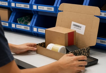 Proceso de fulfillment con empaquetado y organización de productos para logística de envíos