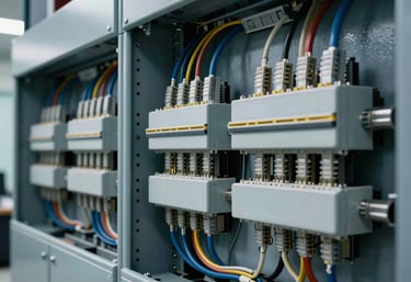 Detailed photograph of technical electrical installations and data wiring in a modern office building in the North American / Mexican / Yucatán region. The work is perfectly aligned and professional, featuring colors like dark charcoal and pale blue.