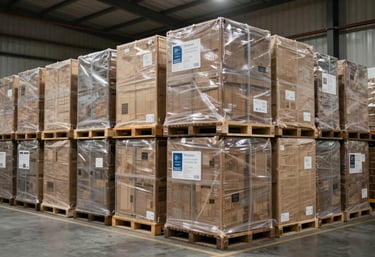 A large-scale logistics warehouse with neatly stacked crates of equipment ready for international shipment, representing strategic partnership and scale.