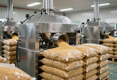 An interior shot of a clean, modern agricultural processing facility. Stainless steel machinery and neatly stacked export-grade bags of grain are visible, showcasing professionalism and modern B2B export capabilities.