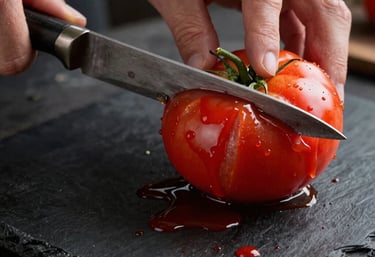 Close-up of a rustic knife cutting a fresh tomato on a charcoal black board. Professional culinary photography, Deep Crimson Red juice drops.