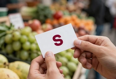 A blurred background of a busy morning market with fresh produce. In focus, a person's hands holding a modern business card with a Deep Crimson Red logo.