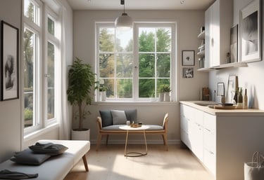 Cleaning professional gently wiping a Scandinavian-style office desk near large window.