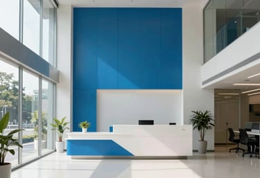 The minimalist, professional lobby of a technology firm in Pune, India. The space is clean with glass walls, bright blue accents, and a modern reception area lit by natural daylight.