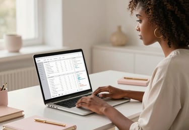 A serene workspace featuring a blush pink planner, gold pen, and a laptop with a soft beige background.
