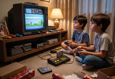 Two young boys playing a retro 8-bit video game on a vintage CRT television with wired controllers.