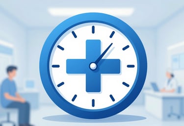 A conceptual image showing a digital clock merging with a medical cross, symbolizing fast and efficient medical care. Clean flat design style with #5BA8A1 and #1E5C6B palette.