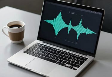 A sleek silver laptop with an audio waveform on the screen next to a coffee cup on a clean grey desk, North American creative office vibe, modern and refined.