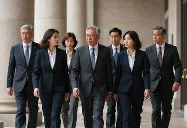 A group of professional legal experts in formal business attire walking through a hall with large stone columns, discussing matters of law, serious and determined expressions, North American / US.