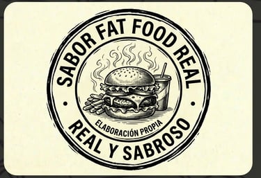 Logotipo de sello vintage con una hamburguesa, papas fritas y refresco dibujados a mano.