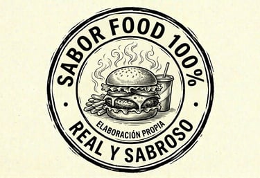 Logotipo vintage de hamburguesa con papas fritas y refresco con el texto en español Sabor Food.