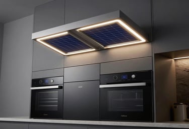 A sleek, modern kitchen setting showcasing energy-efficient electrical home appliances and integrated solar-powered lighting fixtures.