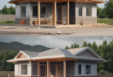 Modern residential house under construction with workers and scaffolding.