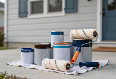A close-up photograph of multiple paint cans and professional grade rollers on a drop cloth, set against a freshly painted North American home exterior.