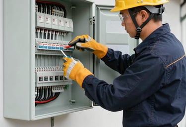 Modern electrician installing smart home automation panel in a luxury house.