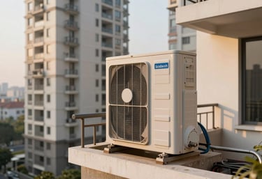 An outdoor condenser unit being serviced on a balcony in a high-rise Noida residential complex during golden hour lighting.