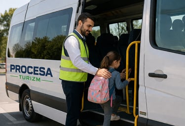 A Procesa Turizm driver in a safety vest helping a young student board a white shuttle bus.