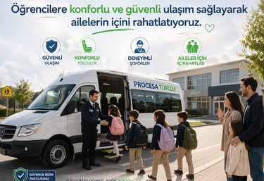 Safe school shuttle service showing students boarding a Procesa Turizm van with parents watching.