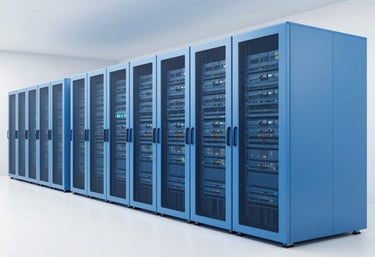 A minimalist and clean modern data center with pearl white floors and sophisticated soft sky blue server cabinets.