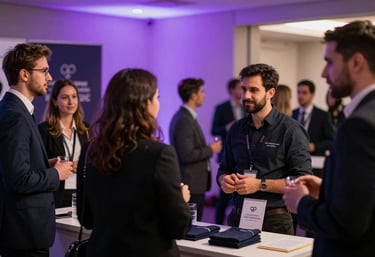 A vibrant corporate event with people networking, featuring branded merchandise and soft purple ambient lighting.