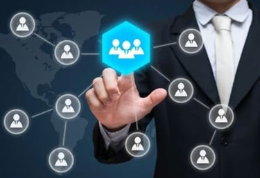 a person in a suit and tie with a blue hexagon of a CBI affiliate network