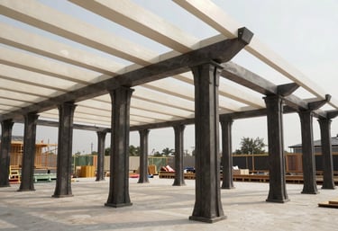 A wide angle shot of a luxury modern pergola construction in progress, featuring off-white beams and dark charcoal hardware.
