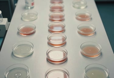 An overhead view of a clean room workstation in North American research facility. A series of petri dishes and sterile glass instruments are arranged symmetrically on an off-white surface under soft clinical lighting.