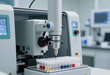 A clean, bright photograph of an automated laboratory workstation in a US facility. The machine features precise mechanical arms over a grid of vials, set against a background of light gray and teal accents.