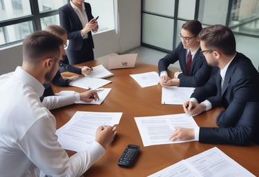 Close-up of hands reviewing system licensing documents and cost reports.
