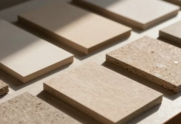 A close-up of architectural material samples laid out on a table, bathed in warm sunlight. South American &amp;#x2F; Brazilian setting.