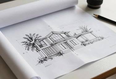 An architectural plan unrolled on a clean table, surrounded by natural sunlight and simple drawing tools. South American &amp;#x2F; Brazilian context.