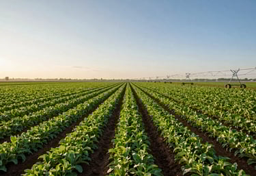 A vast, modern agribusiness farm in a East African / Tanzanian landscape, with rows of vibrant green crops and efficient irrigation under a clear morning sky.