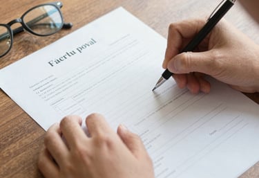 A person signs a paper business document on a clipboard next to a laptop.