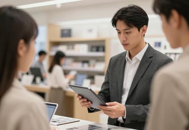 Professional store consultant using a tablet to show a catalog to a customer in a clean retail environment, modern vibe.
