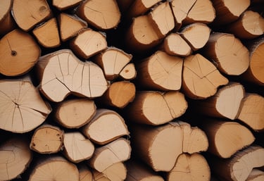 A warm and welcoming wooden workshop with natural light highlighting stacked high-quality Swedish timber.