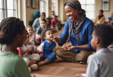 A diverse group of Somali healthcare and childcare workers engaging warmly with community members in a bright, welcoming space.