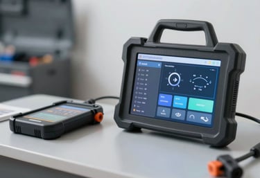 A professional toolkit with modern digital diagnostic tools for AC repair, clean and efficient setup, illustrating expertise and technology.
