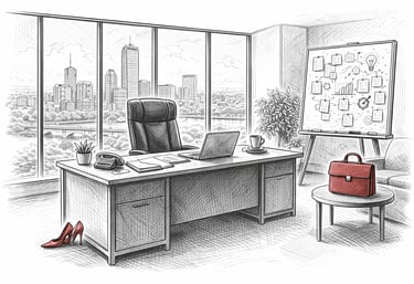 Executive office sketch featuring a desk with laptop and a whiteboard for business strategy.