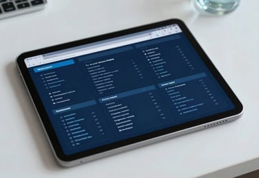 A clean, clinical desktop with a tablet displaying a secure medical data network, medium blue and dark navy interface colors, professional and innovative aesthetic, European setting.