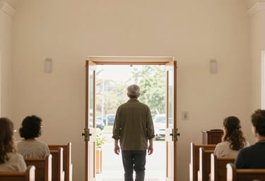 A man walks through open church doors toward the bright light of a sunny day during a worship service.