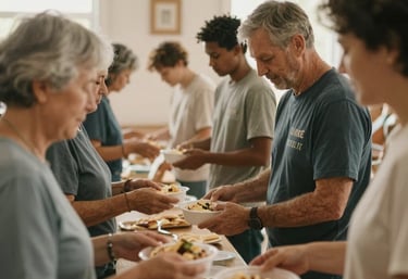 Volunteers of diverse ages serving nutritious meals in bowls at a community food bank or soup kitchen.