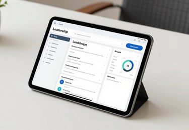 A modern tablet displaying a data-driven leadership dashboard with clean interface, off-white background, professional desk setup in Brazil.