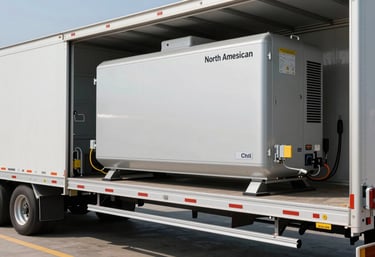 A high-detail shot of a modern reefer unit attached to a trailer, emphasizing clean technology and refrigeration expertise in a North American freight terminal.