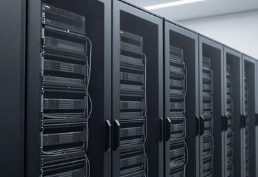 A clean, minimalist photograph of a high-tech data center with rows of dark grey server racks and subtle medium grey cabling, representing digital infrastructure.