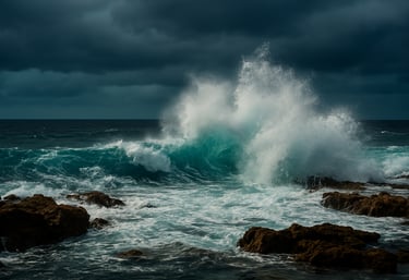 Powerful ocean waves crashing against the coral reef under a dramatic sky with dark teal and light blue tones, South Pacific / New Caledonian coastline, high-speed photography.