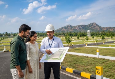 a civil engineer explaining about the site and plan for house construction
