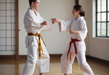 Energetic MMA training session with students sparring under expert supervision.